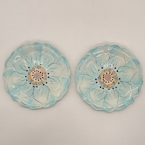 Two Pier 1 Cassidy Salad Dessert Plates Blue With Crème (Cream) Flower 7.5" - Picture 1 of 5